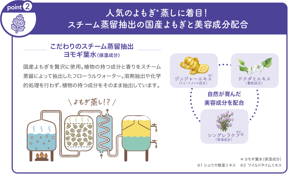 POINT2 人気のよもぎ蒸しに着目！スチーム蒸留抽出の国産よもぎと美容成分配合